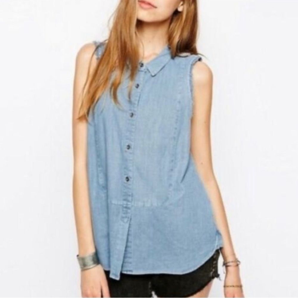 Free People Denim Sleeveless Frayed Edges Button Down Linen Blend Shirt Size XS
